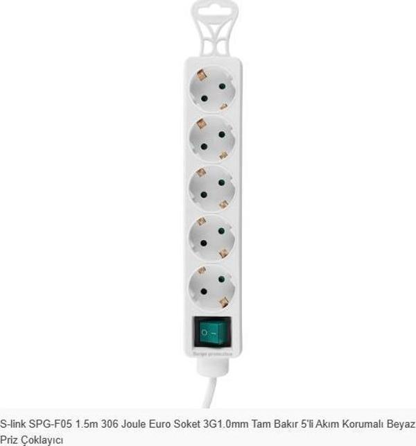 S-link SPG-F05 1.5m 306 Joule Euro Soket 3G1.0mm Tam Bakır 5li Akım Korumalı Beyaz Priz Çoklayıcı - Image 1