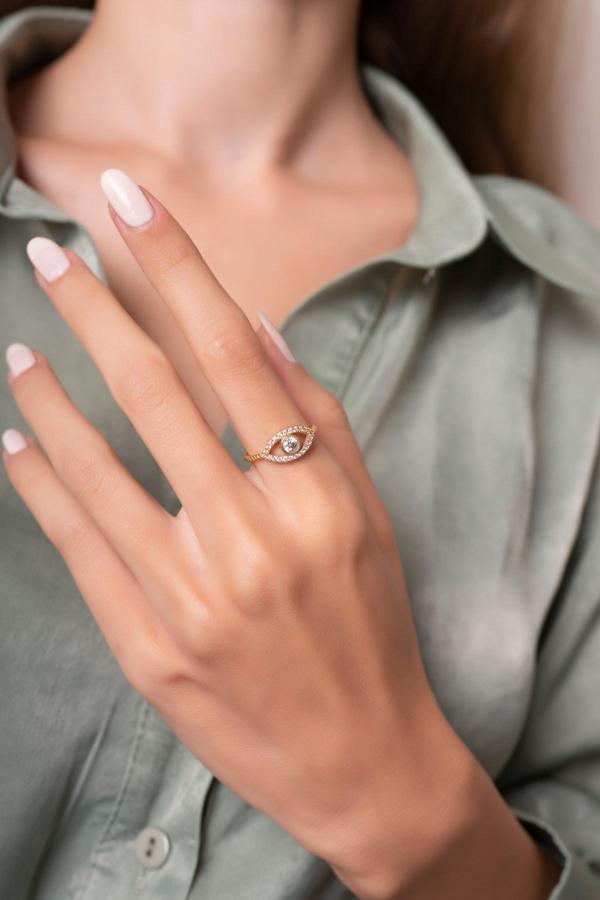Eva Jewelry Göz Figürlü Zirkon Taşlı Ayarlanabilir 14 K Gold Kaplama Kadın Yüzük - Image 1