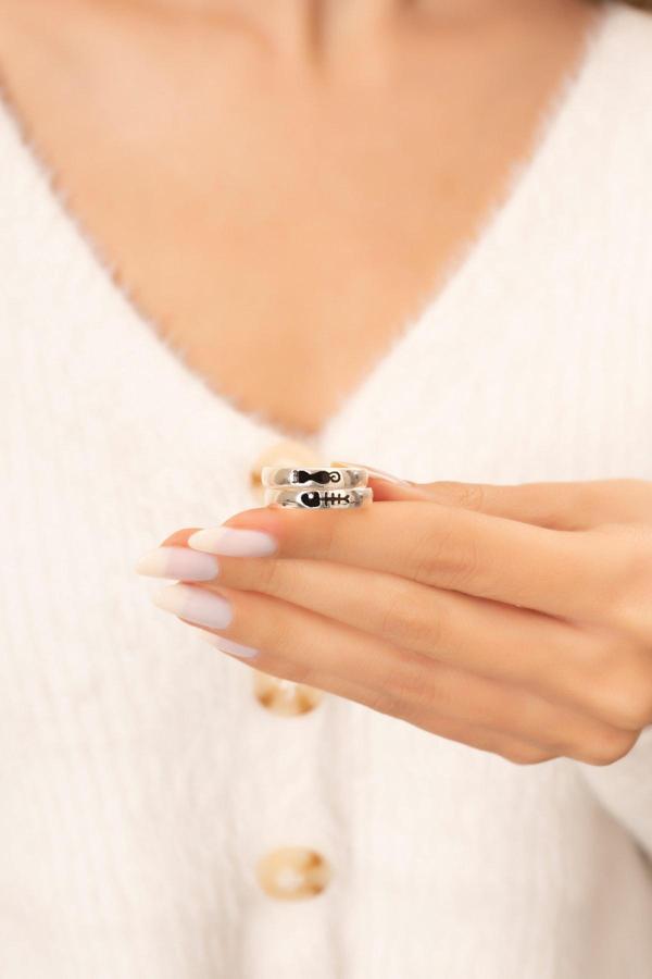 Eva Jewelry Kedi Ve Balık Figürlü Gümüş Kaplama Ayarlanabilir Çift Alyans Yüzük - Image 1