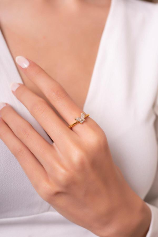 Eva Jewelry Kelebek Figürlü Taşlı Ayarlanabilir 14 K Gold Kaplama Kadın Yüzük - Image 1