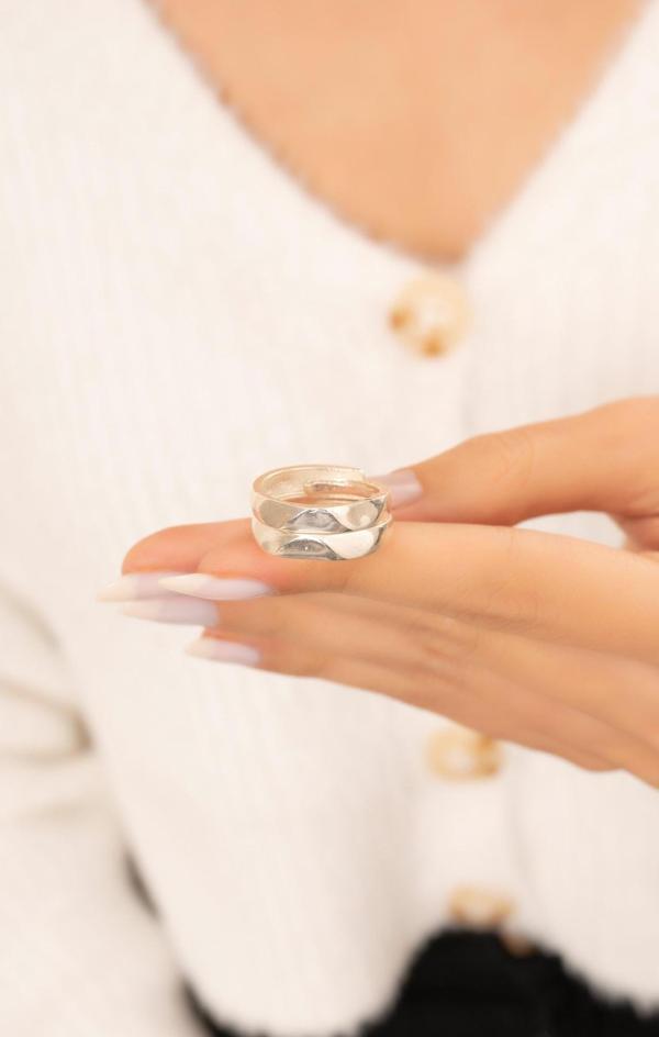 Eva Jewelry Klasik Köşeli Gümüş Kaplama Ayarlanabilir Çift Alyans Yüzük - Image 1