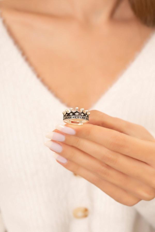 Eva Jewelry Kral Tacı Gümüş Kaplama Ayarlanabilir Alyans Yüzük - Image 1