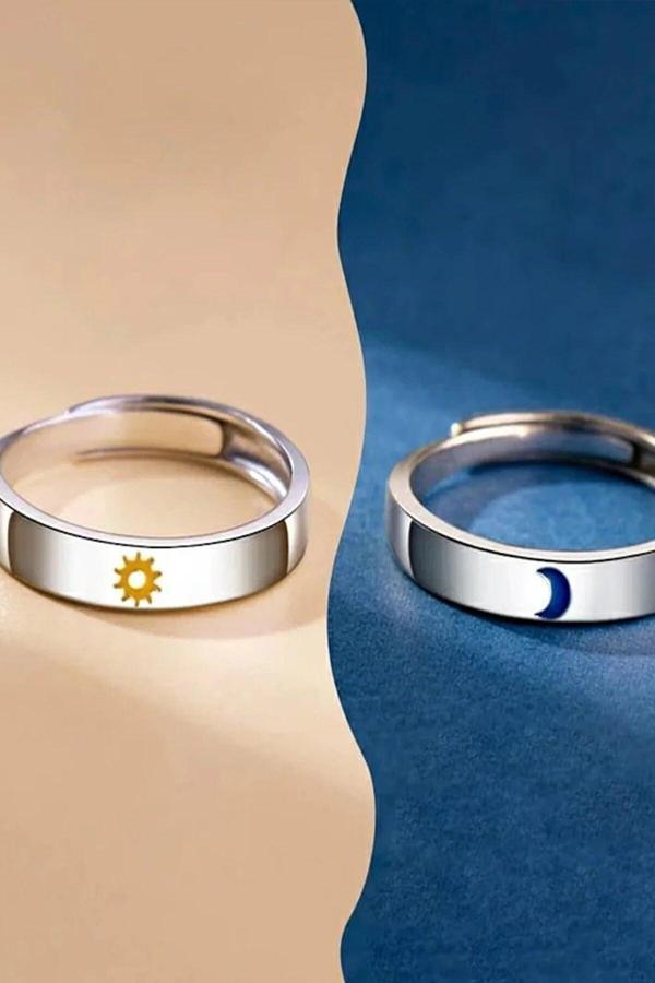 Eva Jewelry Renkli Ay Ve Güneş 2li Set Gümüş Kaplama Ayarlanabilir Çift Alyans Yüzük - Image 1