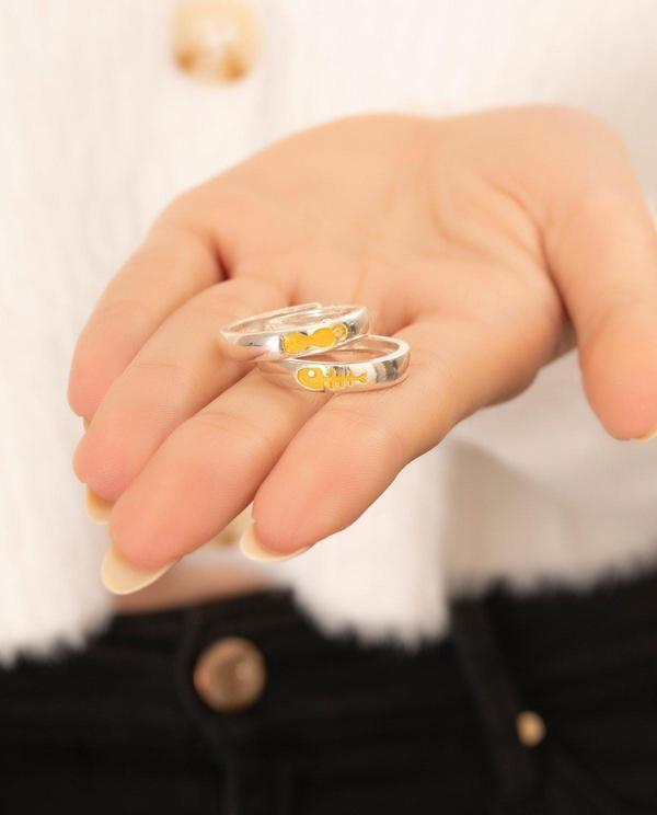 Eva Jewelry Sarı Kedi Ve Balık Figürlü Gümüş Kaplama Ayarlanabilir Çift Alyans Yüzük - Image 1