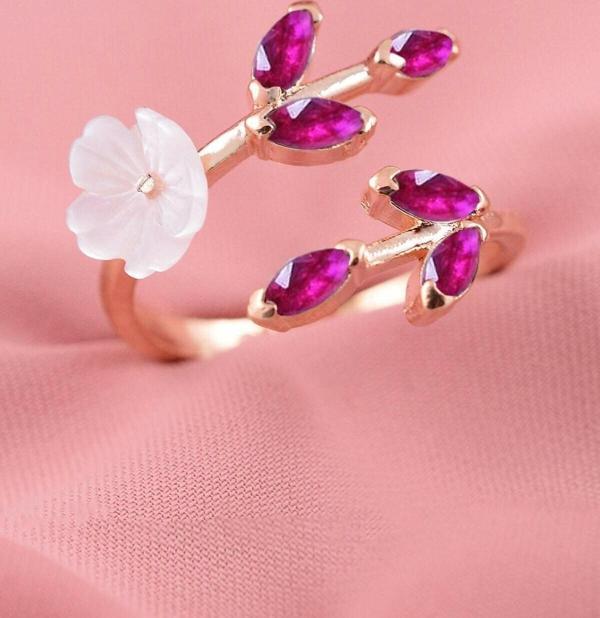 Eva Jewelry Sedef Çiçeği Fuşya Taşlı Ayarlanabilir 14 K Rose Altın Kaplama Kadın Yüzük - Image 1