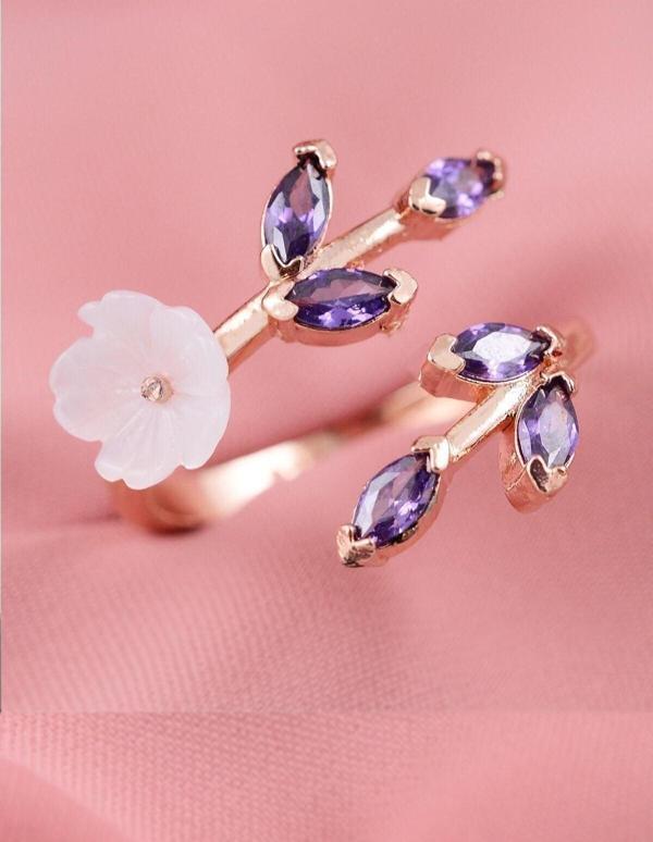 Eva Jewelry Sedef Çiçeği Mor Taşlı Ayarlanabilir 14 K Rose Altın Kaplama Kadın Yüzük - Image 1