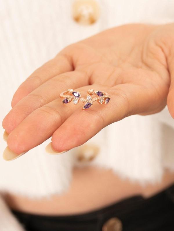 Eva Jewelry Taşlı Sarmaşık Mor Ayarlanabilir 14 K Rose Altın Kaplama Kadın Yüzük - Image 1