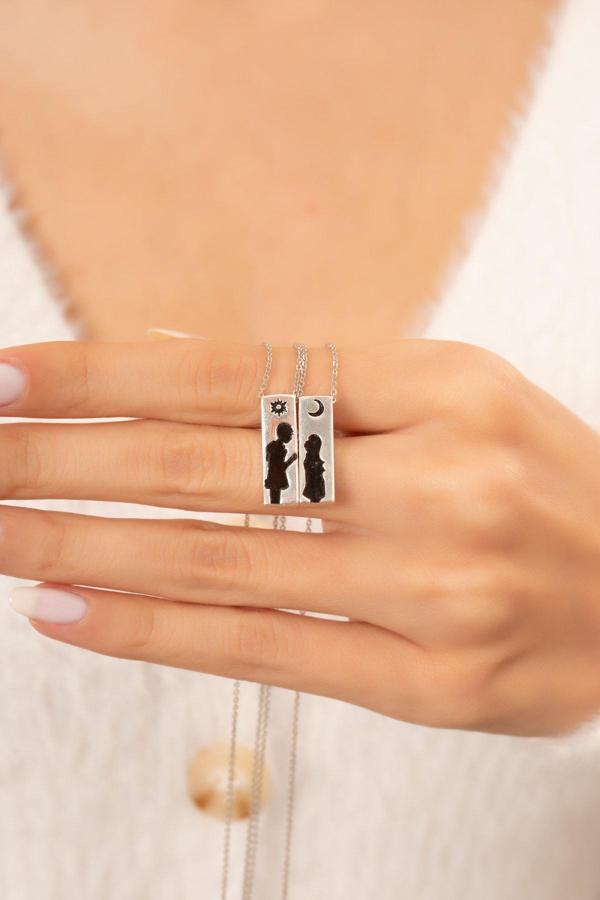 Eva Jewelry Ay Ve Güneş Motifli Gümüş Kaplama Çift Kolye - Image 1