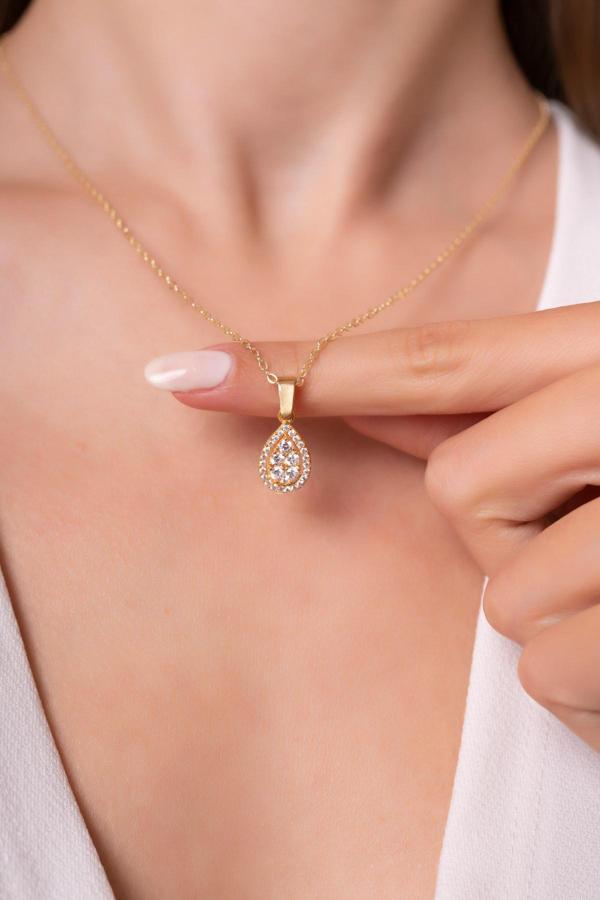 Eva Jewelry Damla Tek Taş Model 14 K Rose Gold Kaplama Kadın Kolye - Image 1