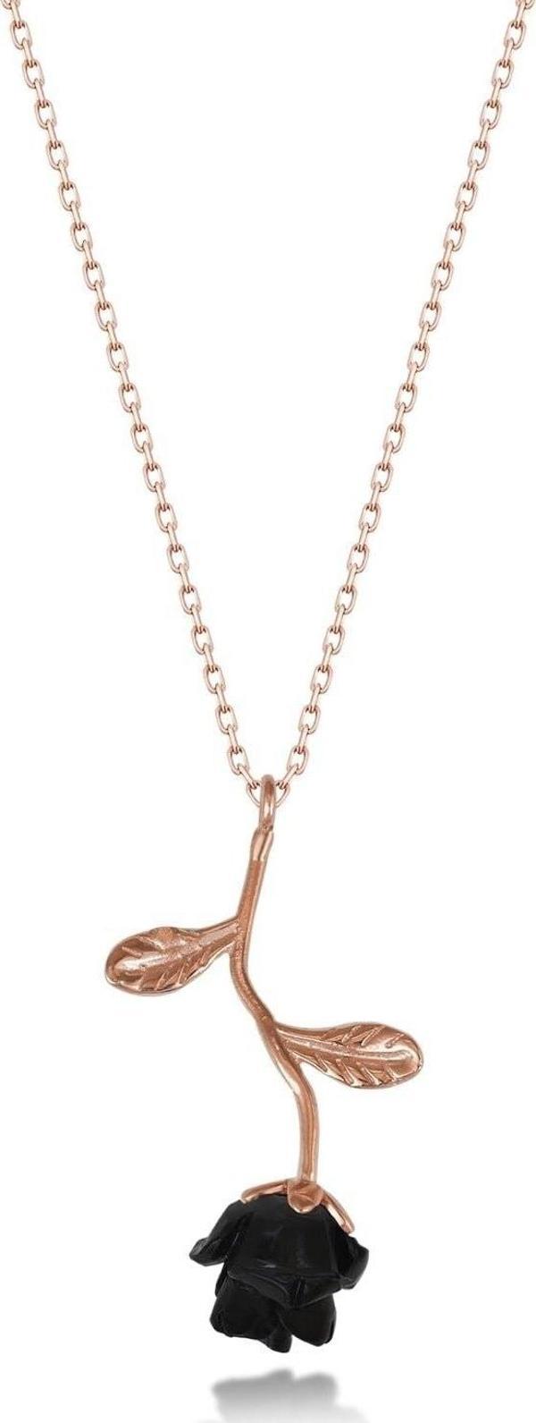 Eva Jewelry Gül Motifli Siyah Taşlı 14 K Rose Gold Kaplama Kadın Kolye - Image 1