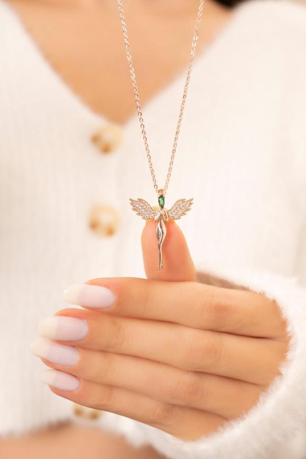 Eva Jewelry Kanatlı Melek Yeşil Taşlı 14k Rose Gold Kaplama Kadın Kolye - Image 1
