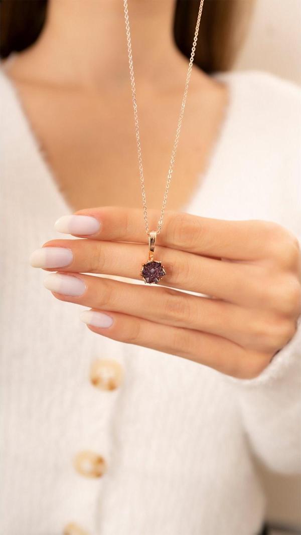 Eva Jewelry Lotus Çiçeği Mor Taşlı 14 K Rose Gold Kaplama Kadın Kolye - Image 1