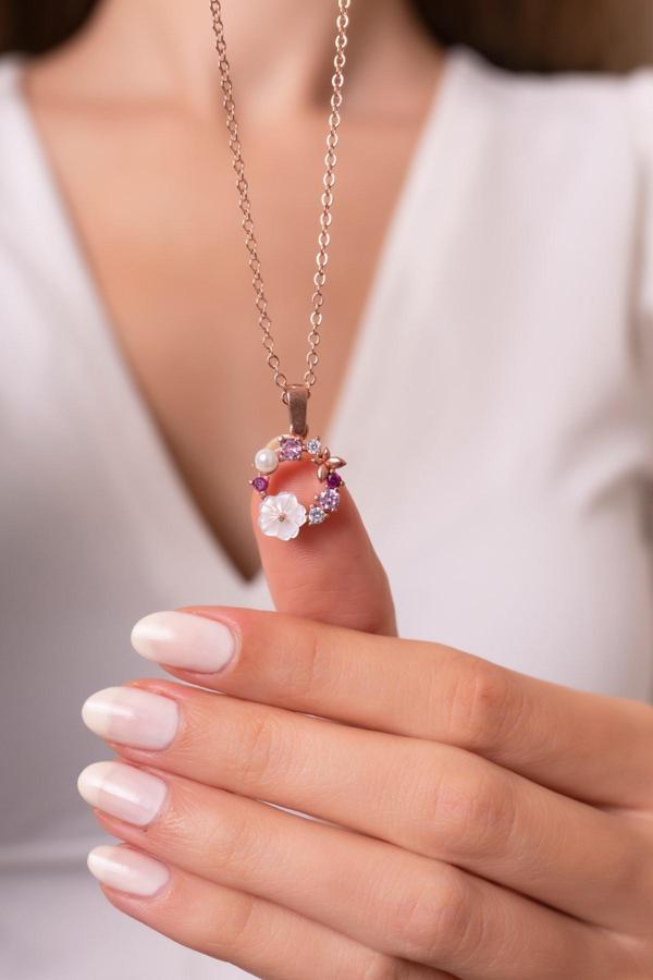 Eva Jewelry Orkide Ve Renkli Taşlı 925 Ayar Gümüş Zincirli Kadın Kolye - Image 1