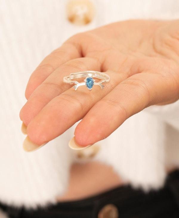 Eva Jewelry Geyik Motifli Aqua Taşlı Gümüş Kaplama Çift Alyans Yüzük - Image 1