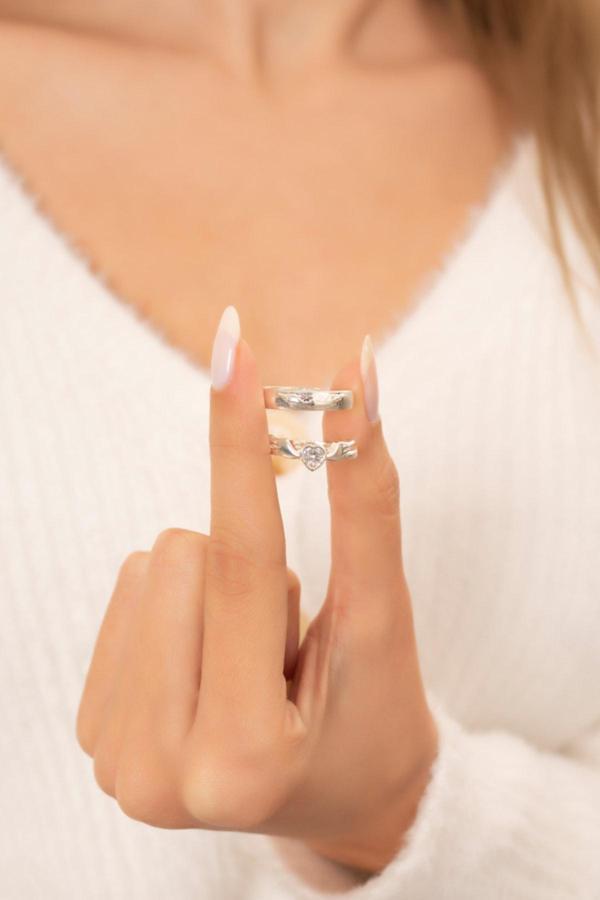 Eva Jewelry Melek Motifli Gümüş Kaplama Çift Alyans Yüzük - Image 1