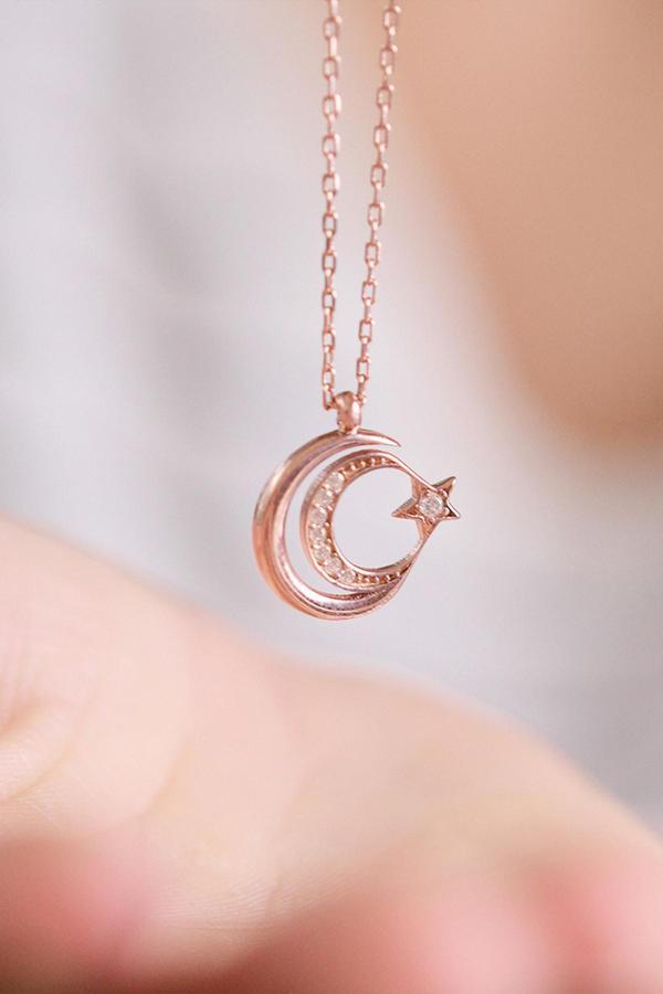 Lotus Gümüş Ay Ve Yıldız Motifli 14 K Rose Altın Kaplama Kadın Kolye - Image 1