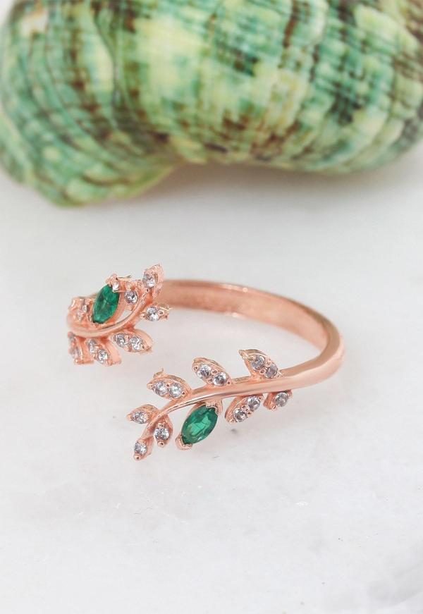 Lotus Gümüş Akasya Çiçeği Yeşil Ayarlanabilir 14 K Rose Altın Kaplama Kadın Yüzük - Image 1