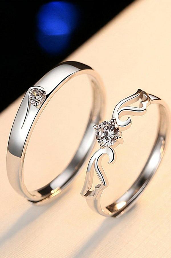 Sahira Jewelry Kadın Kanatlı Tektaş Gümüş Kaplama Ayarlanabilir Çift Alyans Yüzük - Image 1