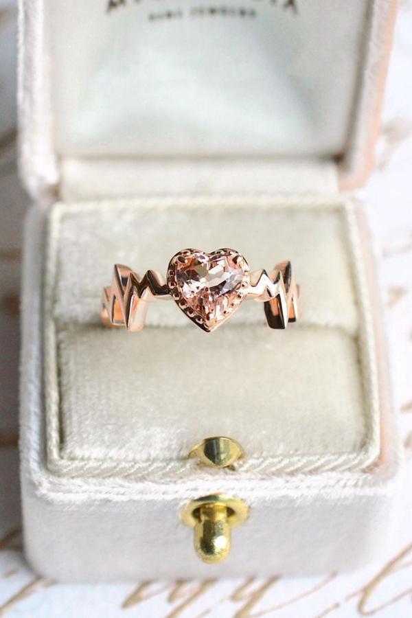 Sahira Jewelry Kalp Ritmi Pembe Taşlı Ayarlanabilir 14 K Rose Altın Kaplama Kadın Yüzük - Image 1