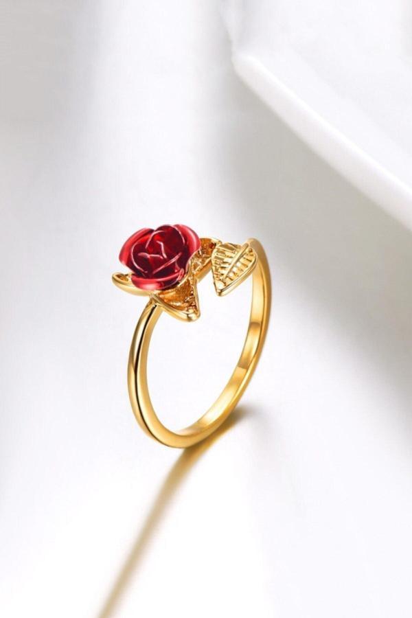 Sahira Jewelry Kadın Gül Motifli Ayarlı Ölçü 14 Ayar Altın Kaplama Yüzük - Image 1