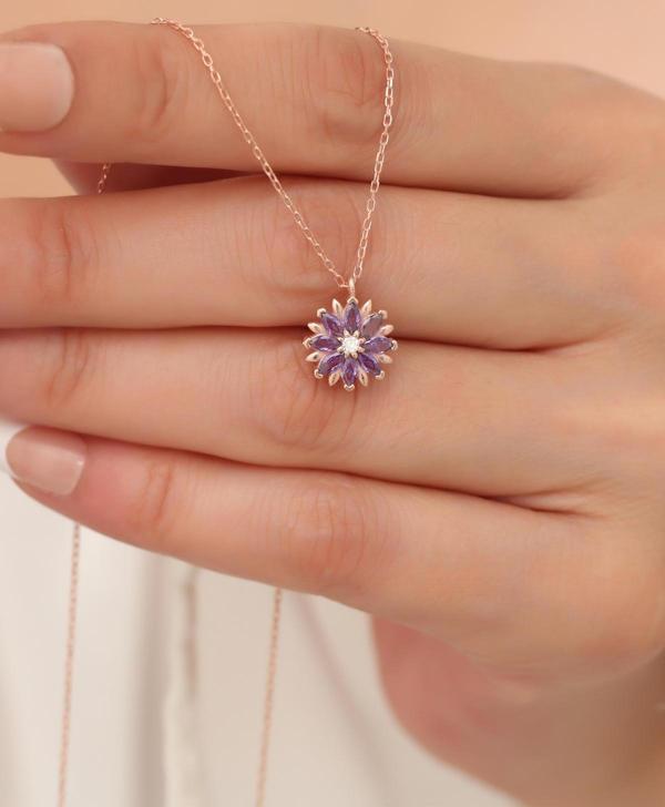 Passion Silver Ametist Taşlı Çiçek Kolye 925 Ayar Gümüş Kadın Rose - Image 1