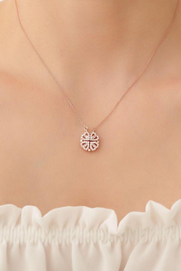 Passion Silver Baget Taşlı Kalp Yonca Açılabilir Kolye 925 Ayar Gümüş Kadın Rose - Image 1
