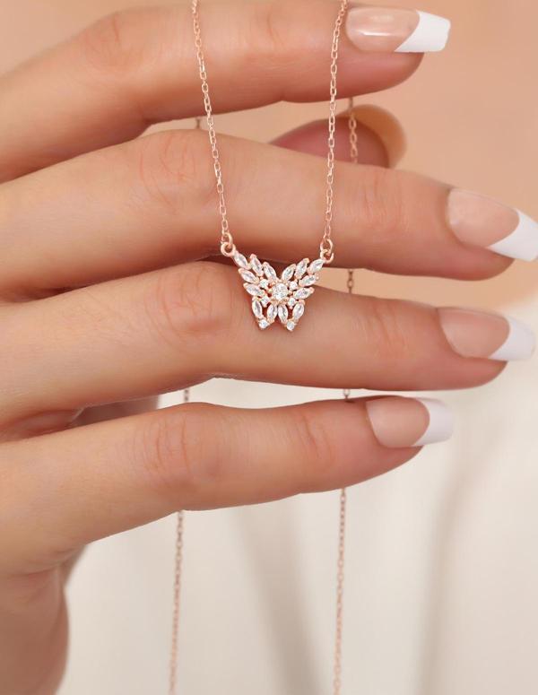 Passion Silver Beyaz Markiz Taşlı Kelebek Kolye 925 Ayar Gümüş Kadın Rose - Image 1