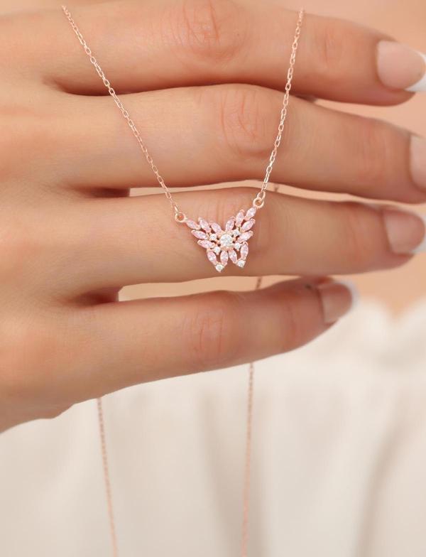Passion Silver Pembe Taşlı Kelebek Kolye 925 Ayar Gümüş Kadın Rose - Image 1