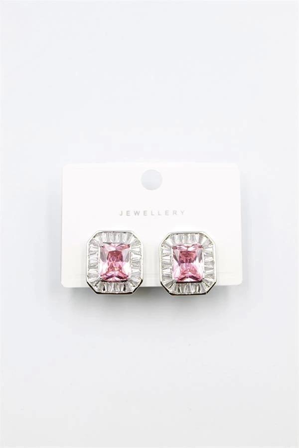 Kare Taşlı Küpe - Pembe - Image 1