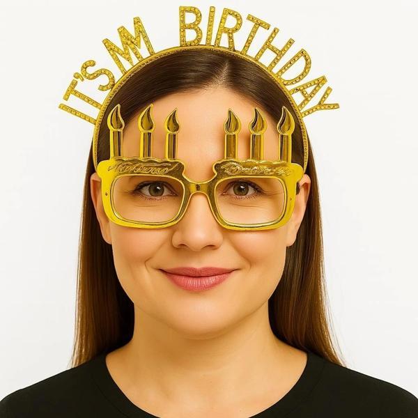 NessiWorld İt&#39;sMyBirthdayYazılıTaçveMumŞekilliGözlükSetiAltınRenk - Image 1