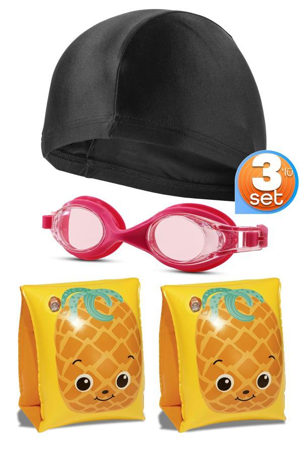 3lü SET Kolluk Bone Çocuk Yüzücü Gözlüğü Su Geçirmez Yüzme Gözlüğü Havuz Deniz Gözlük Pembe 1015 - Image 1