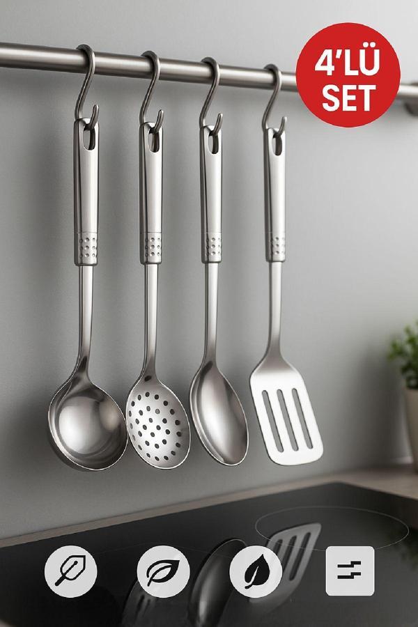 4’lü Paslanmaz Çelik Mutfak Servis Seti – Kepçe, Kevgir, Kaşık ve Spatula Takımı 34 cm - Image 1