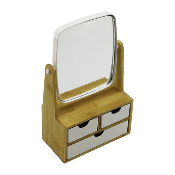 3 ÇEKMECELİ BAMBU AHŞAP STANDLI=9X9.5X18X21.5CM MAKYAJ AYNASI=15X18CM TAKILIK 2+1 ORGANİZER  - Image 1