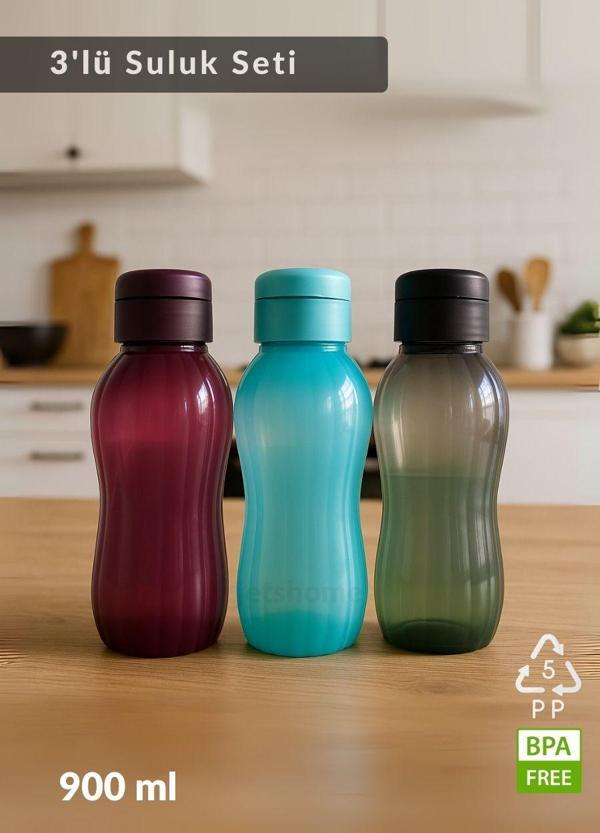 Suluk 3'lü Set Su Şişesi BPA Free Okul Suluğu PP-5 Suluk Spor Okul Ofis Suluğu Siyah-Bordo-Mavi 900 ml - Image 1