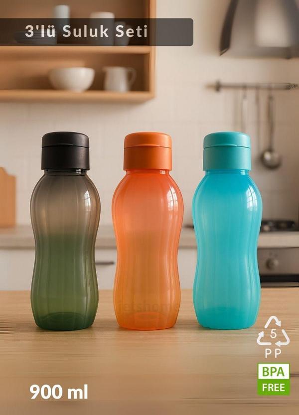 Suluk 3'lü Set Su Şişesi BPA Free Okul Suluğu PP-5 Suluk Spor Okul Ofis Suluğu Siyah-Turuncu-Mavi 900 ml - Image 1