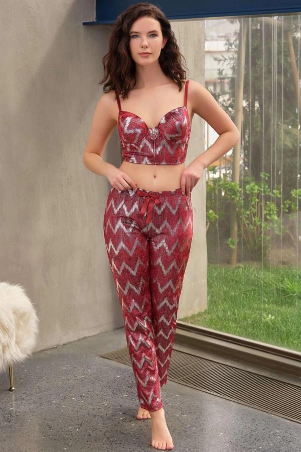 Aria's Closet Kadife Balenli Destekli Dolgulu Parlak Baskılı Fermuar Detaylı Büstiyer ve Pantolon Pi - Image 1