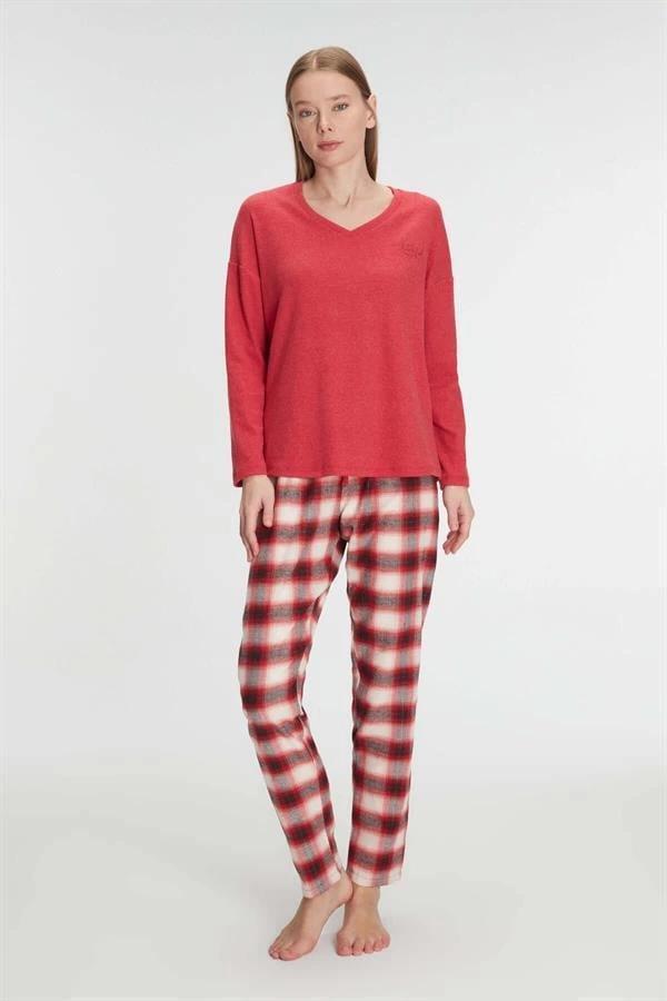 Aria's Closet Pamuklu Kışlık Kare Desenli Uzun Kol Pijama Takımı - Image 1