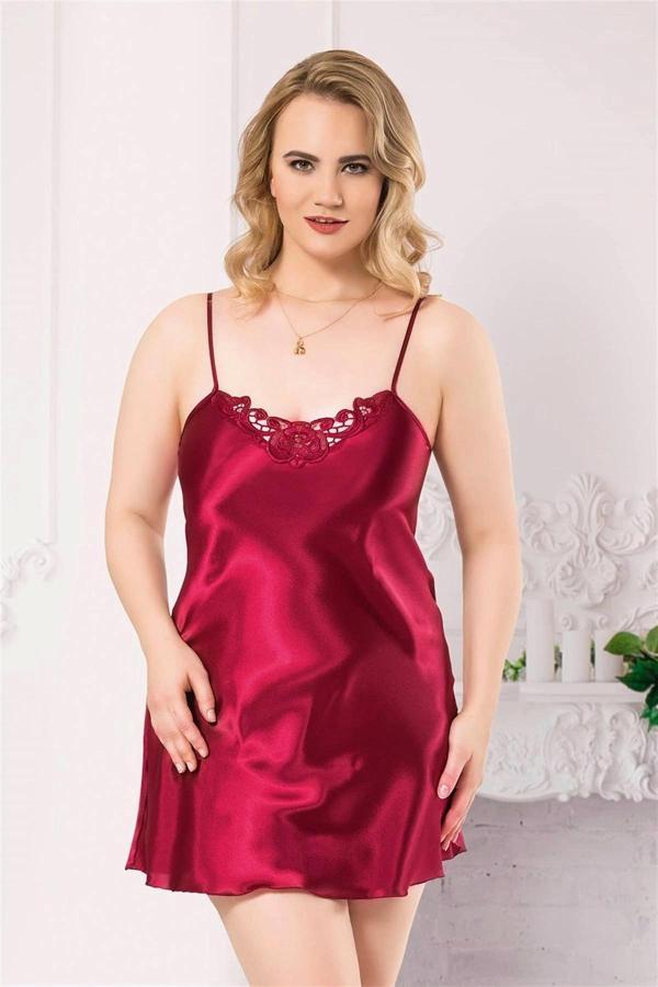 Amora Secret Büyük Beden Bordo Kısa Saten Gecelik - Image 1