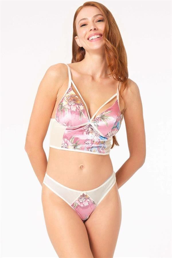 Aria's Closet Kadife Balensiz Desteksiz Dolgusuz Yaka Detaylı Çiçek Baskılı Bralet Sütyen ve Slip Ta - Image 1