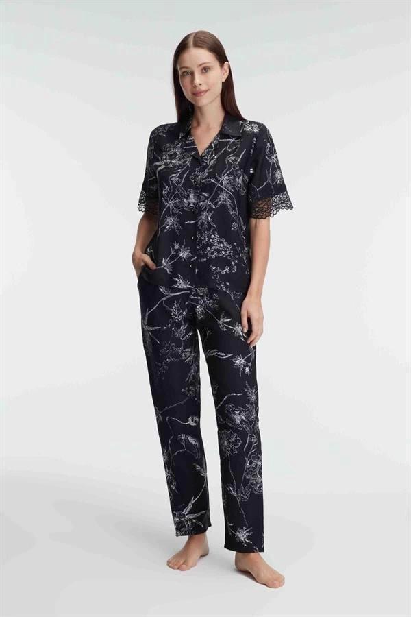 Aria's Closet Yarım Kollu V Yaka Kadın Viskon Çiçek Desenli Yazlık Dokuma Dantel Detaylı Pijama Takı - Image 1