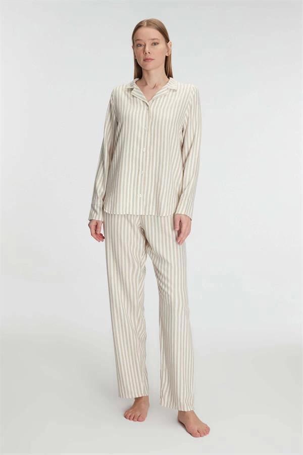 Aria's Closet Uzun Kol Çizgili Gömlek ve Pantolon Takım Pijama Takımı - Image 1