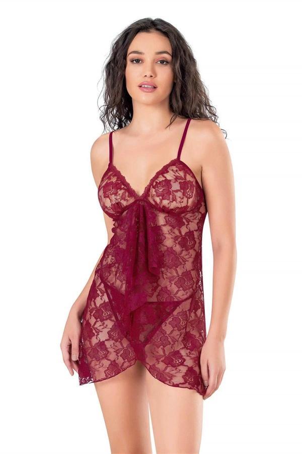 Aria's Closet Bordo Kısa Tül Gecelik - Image 1