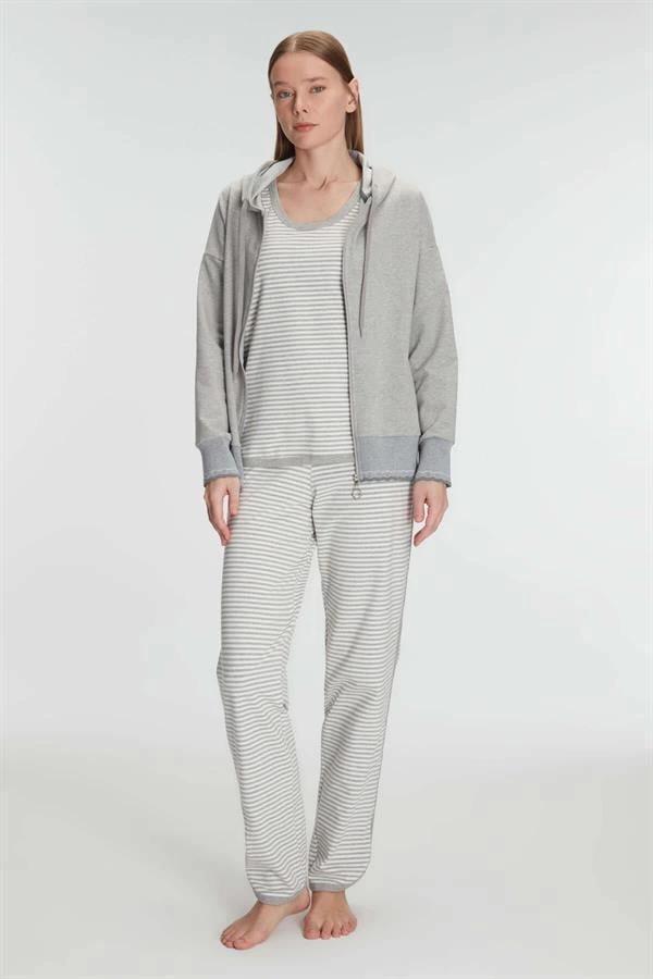 Aria's Closet Pamuklu Uzun Kol Fermuarlı Swearshirt Sıfır Kol T-Shirt ve Pantolon Pijama Takım - Image 1