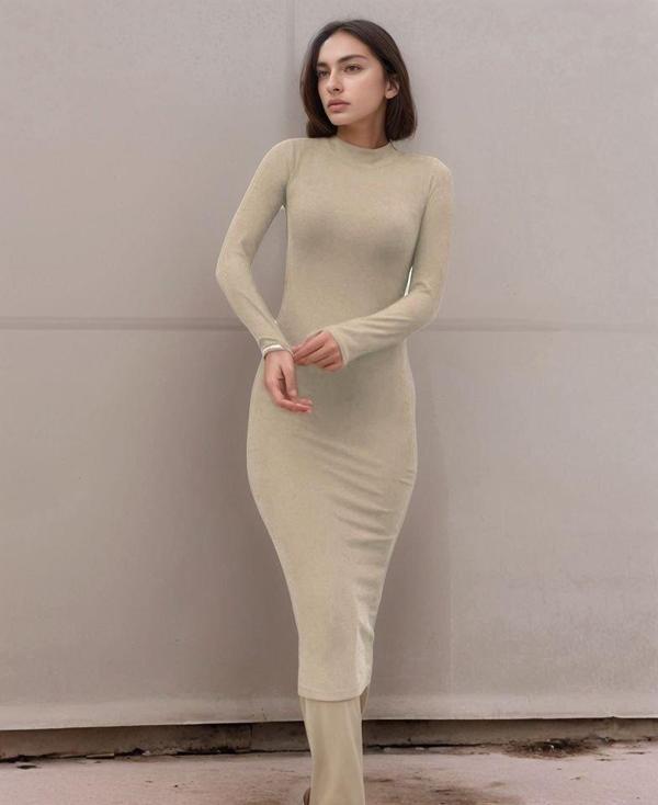 Kadın Yarım Balıkçı Yaka Süet Kumaş Fırsat ürün Midi Boy Elbise - Image 1