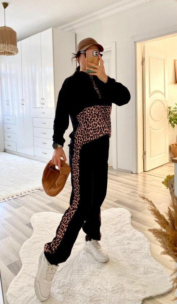 Kadın Uzun Kollu Leopar Detay Sweat Ve Yanı Leopar şerit Detay Pantolon Ikili Takım - Image 1