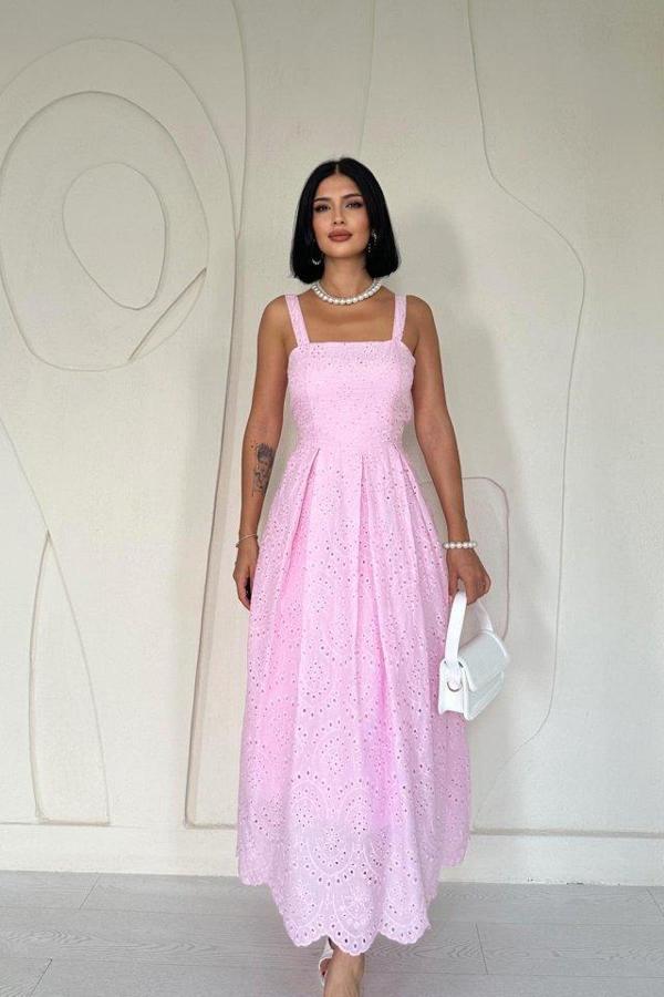 Pembe Askılı Aparatlı Brode Elbise - Image 1