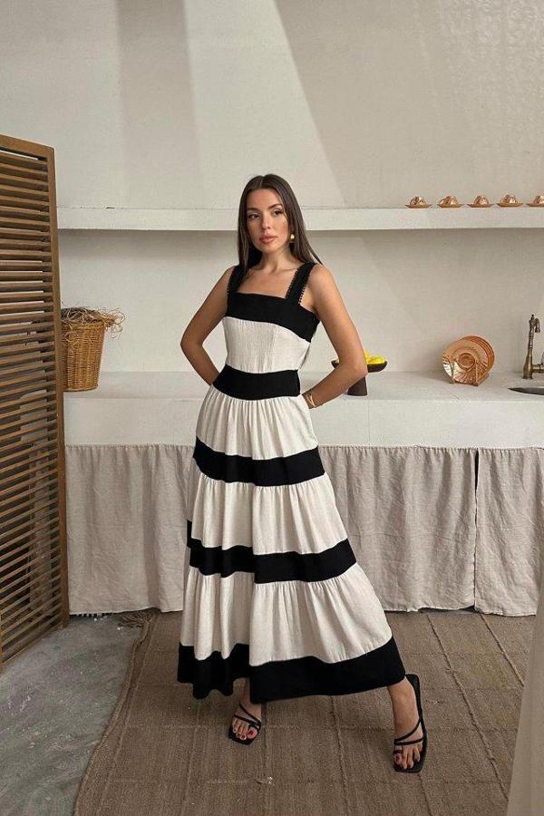 Bej Arkası Fiyonklu Keten Elbise - Image 1