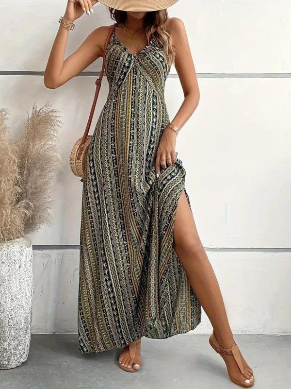 Kadın Ip Askılı Sırttan çapraz Detaylı Yırtmaçlı Desenli Süprem Elbise - Image 1