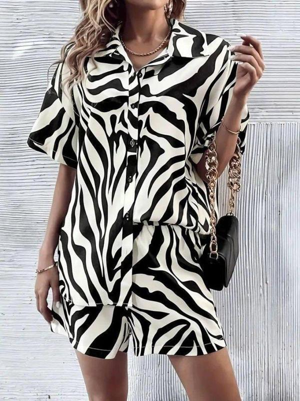 Kadın Zebra Desenli Pamuk-Polyester Kumaş İkili Takım - Image 1