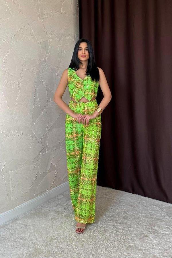 Yeşil Pullu Yelek Ve Pantolon Takım - Image 1